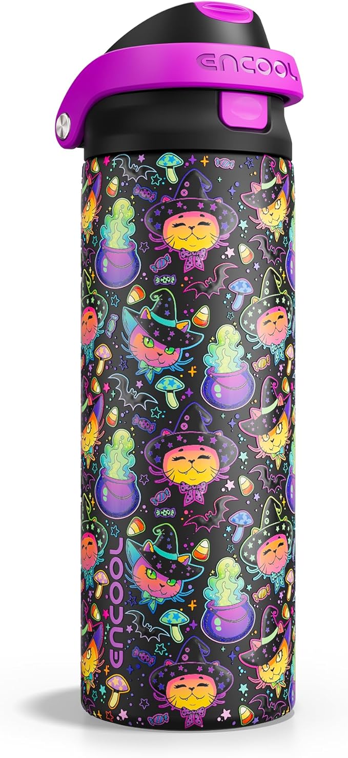 Encool SwiftSip Insulated Stainless Steel Water Bottle with Straw - Leak Proof Sports Water Bottle for School, Travel, Keeps Cold All Day, One-Touch Flip Lid, BPA-Free, 24 oz, Meowgic Night