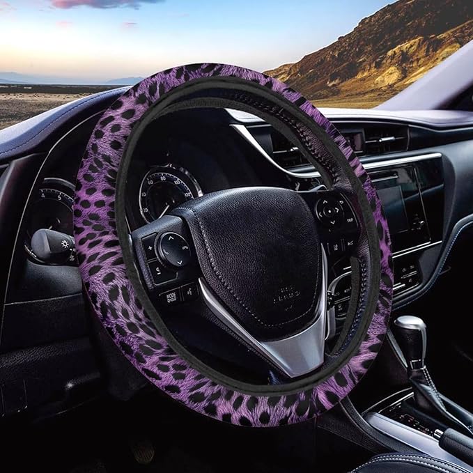 Universal Non-Slip Steering Wheel Cover, 15-inch Polyester Material Driving Accessories, Adjustable for Car and Truck(Artistic Amethyst Leopard)