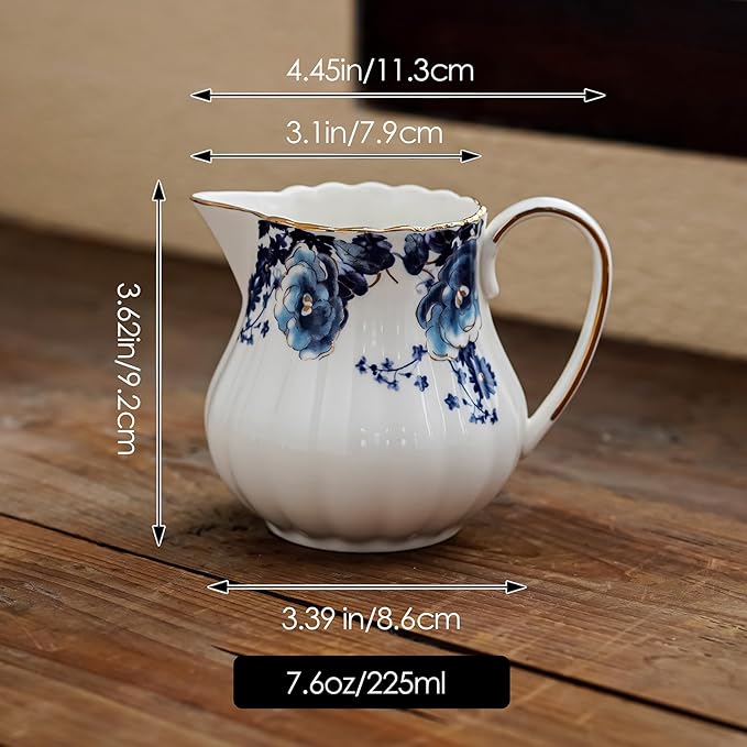 7.6oz Creamer Pitcher,Small Milk Jug with Handle,Small Milk Pitcher Cup for Coffee, Sauces, Salad (White with blue flower)