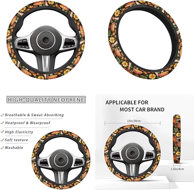 Mushroom 6pcs Car Steering Wheel Cover Set for Men Women Sunflower Car Interior Accessories Cup Coaster Handbrake Cover Universal Fit Auto,Suvs,Truck