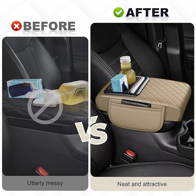 Center Console Cover Fit for Highlander Faux Leather Car Armrest Cushion with Storage Bags, Cup Holder ＆ Phone Storage Multifunctional Middle Console Cover(Beige)