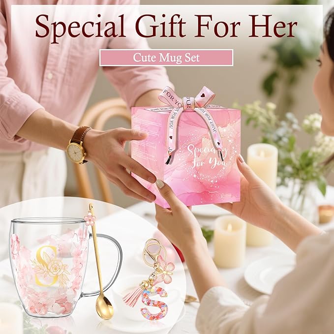 Gifts for Women Double Wall Flower Glass Coffee Mug Initial Glass Cup Personalized Monogrammed Gift Birthday Wedding Christmas Valentine Mother's Day Gift for Wife Friends Birde Stocking stuffers (S)