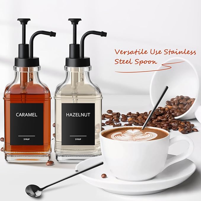 Coffee Syrup Dispenser, Coffee Bar Accessories 16.9 fl oz/500ml, Glass Syrup Dispenser with Pump Dispenser, Labels, Spoons for Coffee Bar, 4 Pack