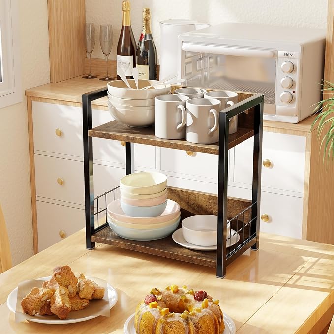 Simple Trending Countertop Shelf Organizer, 2 Tier Kitchen Spice Rack, Coffee Bar Station Storage, for Kitchen Cabinet Bathroom Living Room, Brown, M