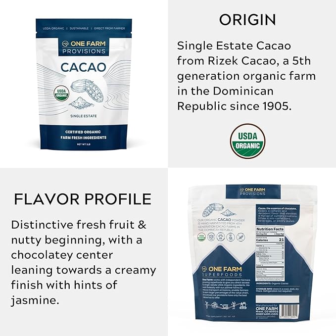 One Farm by WAAYB Organic Cacao, Single Estate, Non-GMO, Fair-Trade, Vegan, Gluten Free, 100% Raw Rizek Cacao in Resealable Bag for Cooking, Smoothies, Lattes & Baking (1 lb, Powder)