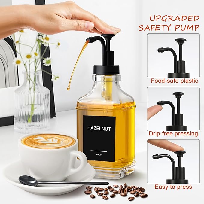 Coffee Syrup Dispenser, Coffee Bar Accessories 16.9 fl oz/500ml, Glass Syrup Dispenser with Pump Dispenser, Labels, Spoons for Coffee Bar, 4 Pack