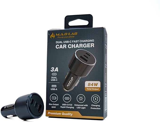 M.A.D Lab 84W Cigarette Lighter USB Charger, Fast Charging PD QC 3.0 Dual 33W USB-C and 18W USB-A, 12V Outlet Car Charger USB C for iPhone 17/16/15/14/13, iPad, Android, Galaxy, Switch and More