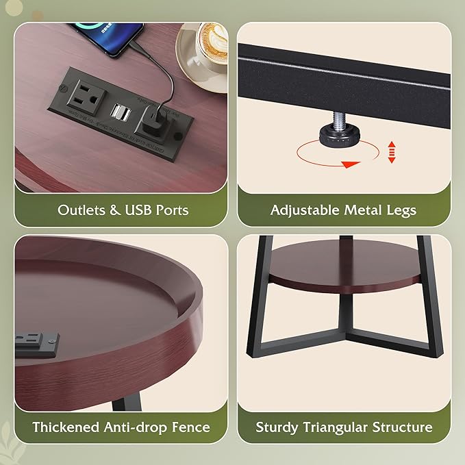 WLIVE Round End Table with Charging Station, Small Round Coffee Table, 2 Tier Side Table for Living Room/Bedroom, Sofa Couch, Wood Tabletop & Metal Frame, Brown