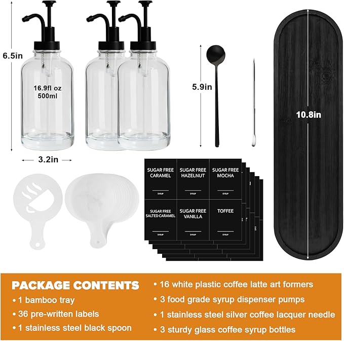 Syrup Dispenser for Coffee Bar, Glass Syrup Dispenser with Pump, 16.9 fl oz Honey Bottles, Labels, Spoons, Coffee Art Pen, 3 Pack