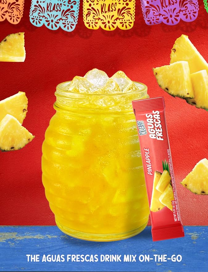 Klass Aguas Frescas, Powdered Drink Mix, 40 Singles Zero Sugar & Caffeine-Free Powder Packets, Water Drink Mix, Flavor: Pineapple - 5 Calories Per Packet & Natural Flavors