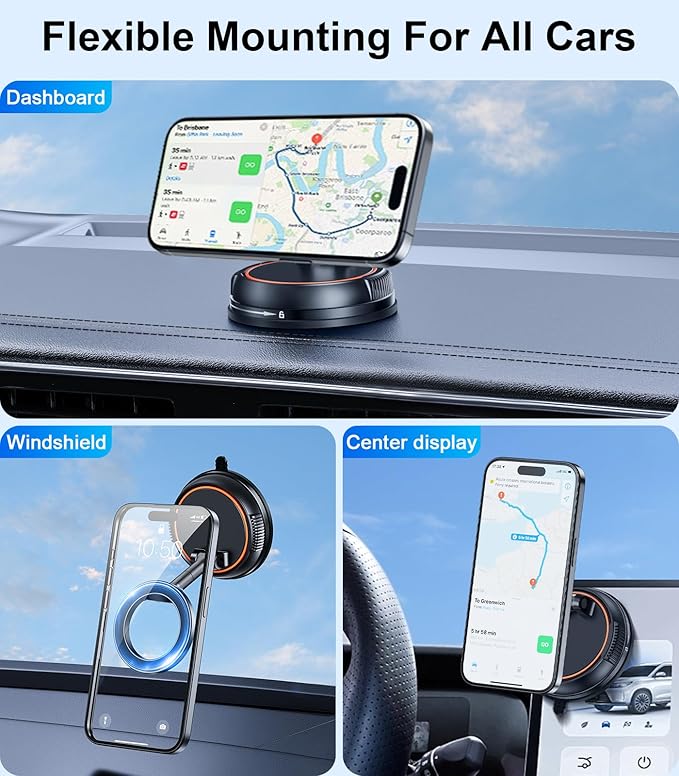 Magnetic Car Phone Holder Compatible with Magsafe, 360 Rotatable Vacuum Suction Cup Car Mount Dashboard, Magnet Cell Phone Holders for Your Car Fit for iPhone 16 Pro Max 16 Pro 16 15 14 13 12