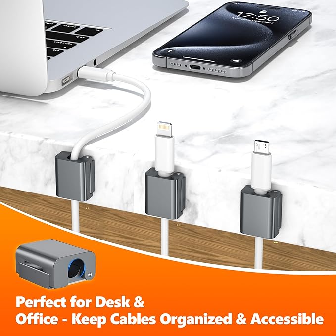 AGVEE 6 Pack Magnetic Cord Organizer Clips, 10mm Ultra-Thin Aluminum Cable Management Holder, 2 Pairs of Strong Magnets Keeper for Home Desk Office Gadgets Accessories, Residue-Free Tape, Dark Gray