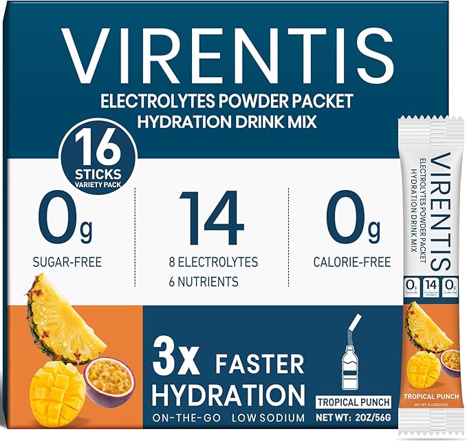 16 Sticks Electrolytes Powder Packets Sugar Free Hydration Packets Liquid Daily IV Electrolyte Drink Mix for Rehydration with 8 Electrolytes & 6 Vitamins, Low Sodium, Tropical Punch