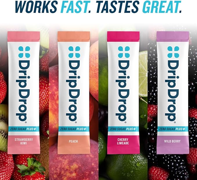 DripDrop Zero Sugar Plus - Sugar Free Hydration Packets - Single Serve Electrolytes Powder Drink Mix - Strawberry Kiwi, Peach, Cherry Limeade, Wild Berry - Non-GMO, Gluten Free, Vegan - 16 Sticks