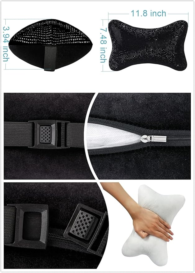 2Pcs Neck Rest for Car Neck Pillow for Driver, Auto Seat Headrest Cushion Driving Relax Necksupport Black Diamonds Bling Car Accessories for Women Men High Grade