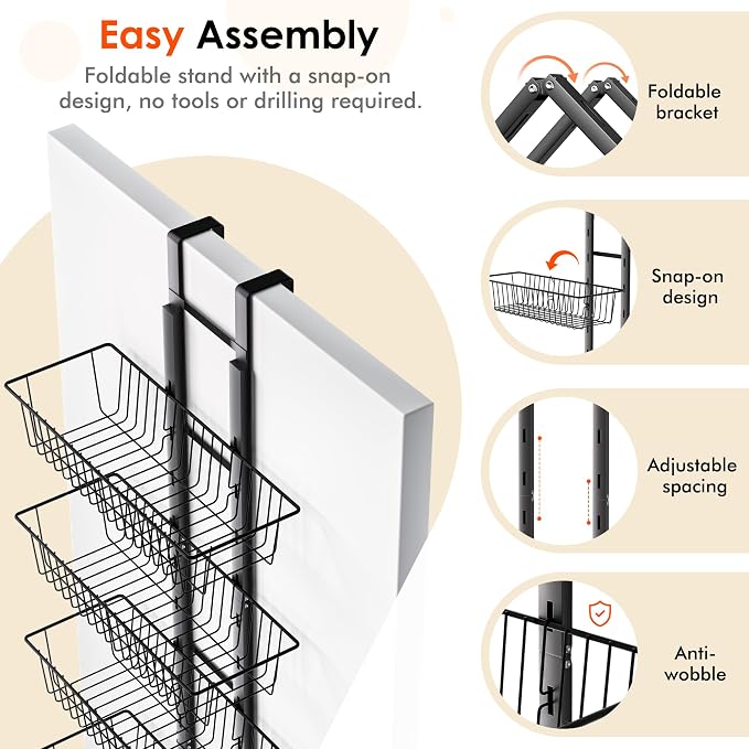 LUXEAR Over the Door Pantry Organizer, 6-Tier Adjustable Over the Door Hanging Spice Rack, No-Assembly Foldable Metal Over the Door Organizer for Kitchen, Home, Laundry Room, Bathroom