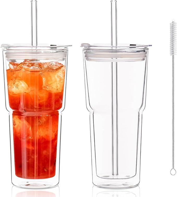 KEMORELA 2PCS 20oz Clear Double Wall Glass Cups with Lids and Straws, Insulated Borosilicate Glass Tumblers, Heat-Resistant, leak-proof Design for Iced Coffee, Bubble Tea, Juice