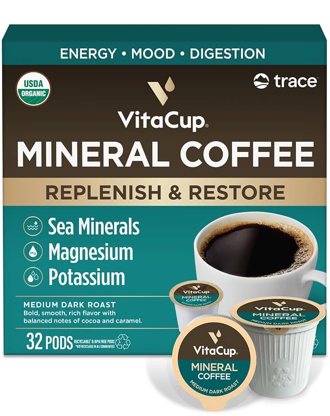 VitaCup Mineral Coffee Pods with Trace Minerals, Hydrate, Replenish & Restore, Sea Minerals, Electrolytes, Organic Coffee, Medium Dark Roast, Single Serve Pod Compatible with Keurig K-Cup Brewers,32Ct