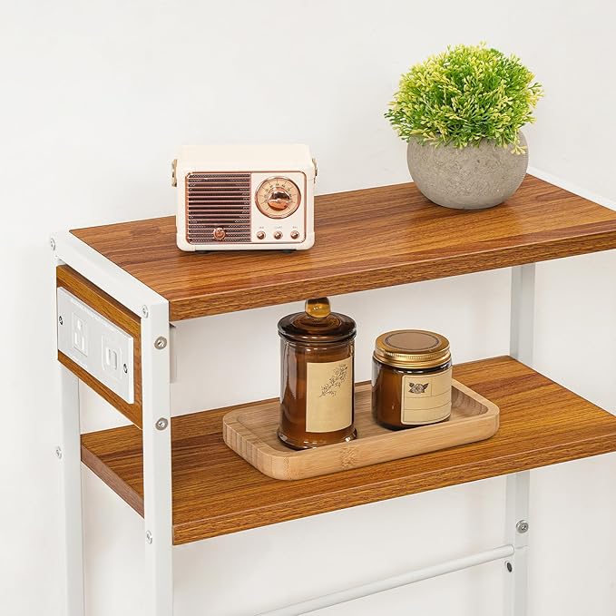 HOOBRO Small Narrow Side Table with Charging Station, Skinny End Table for Small Spaces, Slim Nightstand with USB Ports Outlet, Sofa Beside Table with Storage Shelf, White and Walnut WH102UBZ01