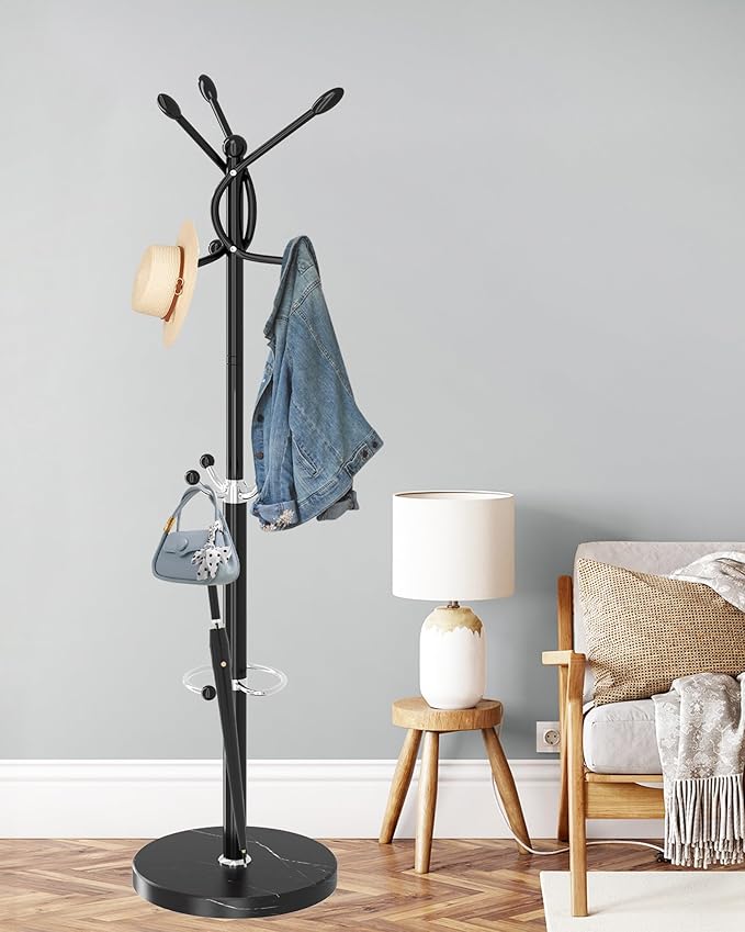 ZOZOE Metal Coat Rack Stand, Modern Coat Rack Freestanding with Natural Marble Base, Sturdy Coat Racks with 10 Hooks & Umbrella Holder,Black Coat Tree Hanger Stand for Bags,Hats,Entryway,Office