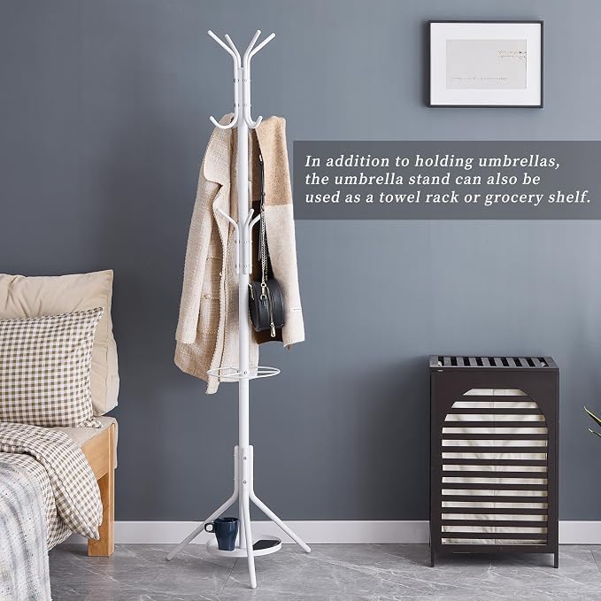 Kitsanery Coat Rack Freestanding,Metal Coat Tree with Umbrella Holder,Hat and Coat Rack Stand for Entryway, Hallway, Living Room, Bedroom (White)