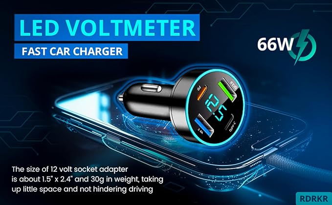 66W Fast Car Charger 4-Port USB C – PD 20W + QC 3.0 + 2 USB 2.4A, Cigarette Lighter Adapter with LED Voltage Meter, Compatible with iPhone 15/14/13, Samsung Galaxy, iPad & Android Devices RDRKR