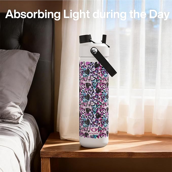 ENCOOL Insulated Water Bottle with Straw Stainless Steel Water Bottle, Glow in the Dark, Leak-Proof, BPA-Free, Keeps Cold for 24 Hours for Sports, Travel, School (26 oz, Graffiti Hearts)
