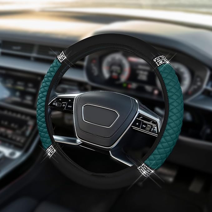 Car Steering Wheel Cover, Steering Wheel Accessories, Breathable Microfiber Leather Auto Wheels Protector, Universal 15 Inch Anti-Slip Protector for SUV Sedan Truck (Bling-Dark Green)