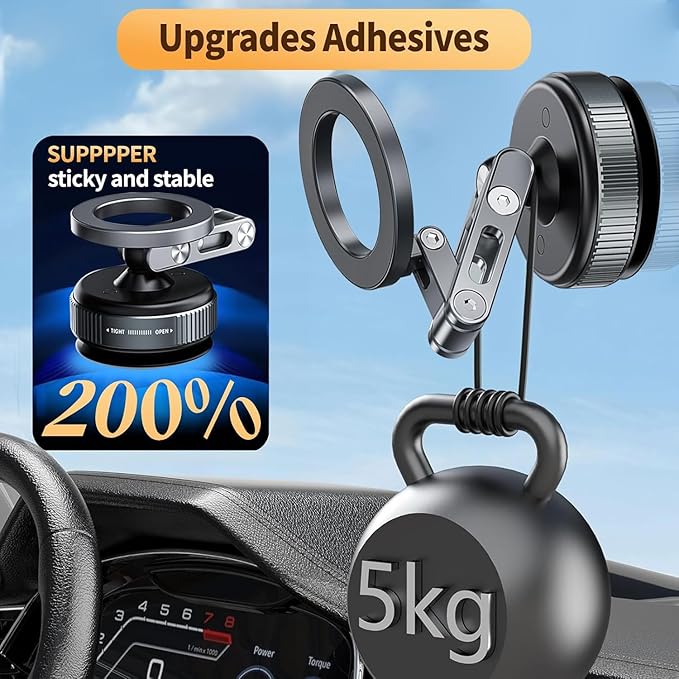 Vacuum Magnetic Car Phone Mount for MagSafe, 360° Adjustable Ball Joint, Strong Suction Cup Windshield Phone Holder with Aluminum Alloy Telescopic Arm