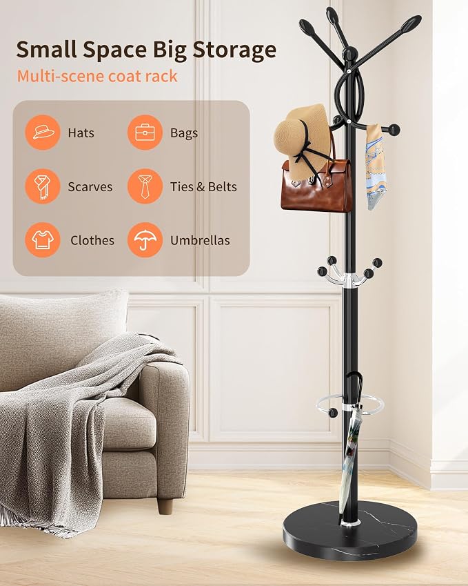 ZOZOE Metal Coat Rack Stand, Modern Coat Rack Freestanding with Natural Marble Base, Sturdy Coat Racks with 10 Hooks & Umbrella Holder,Black Coat Tree Hanger Stand for Bags,Hats,Entryway,Office