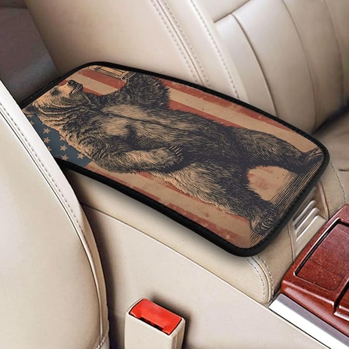 Happy Camper Bear Center Console Cover Pad, American Flag Car Armrest Seat Box Cover Cushion Universal for Most Vehicle SUV Truck, Car Interior Accessories Decor, Protect from Pet Claws & Dirt