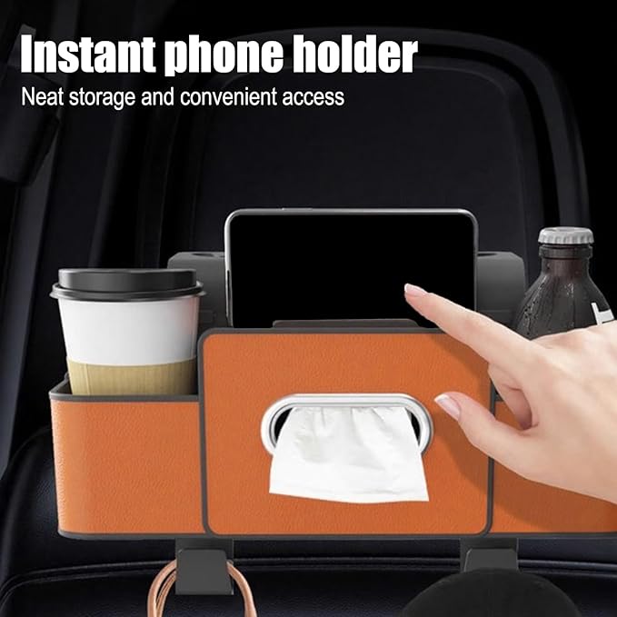 Car Back Seat Organizer with Hooks & Tissue Dispenser – Faux Leather Storage Box with Cup Holders, Multi-Compartment for Sunglasses & Chargers, Compatible with Most Seat Black 1pc
