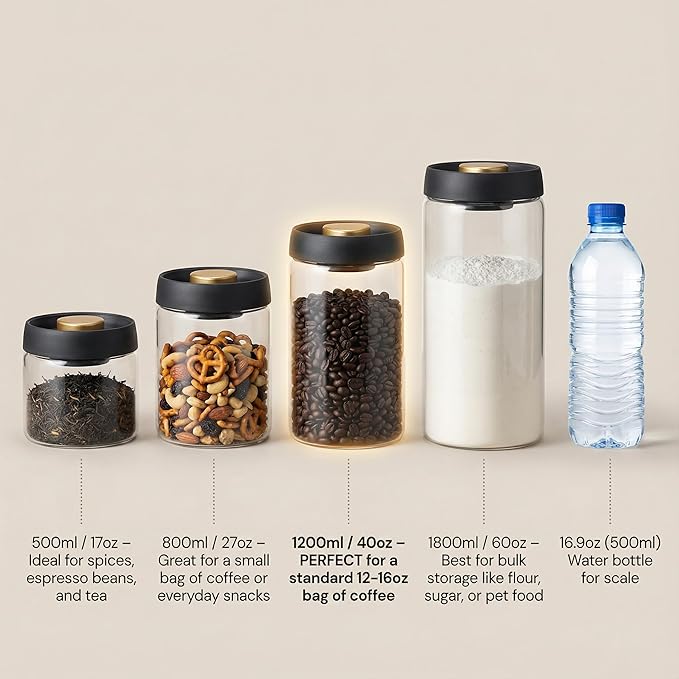 LOEZ Airless Vacuum Coffee Canister, Borosilicate Glass Food Storage Jar with Pump Lid to Stop Oxidation, for Beans, Tea & Dry Goods (40oz/1200ml - Clear)
