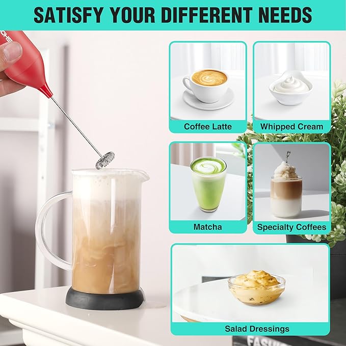 HAUSHOF Powerful Rechargeable Milk Frother Wand with Stand, Handheld Electric Foam Maker, Drink Mixer with Detachable Stainless Steel Whisk for Coffee Latte, Cappuccino, Matcha, Red