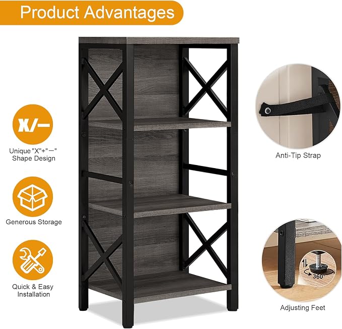 MNEETRUNG Small Bookshelf,4 Tier Industrial Bookcase with Metal Frame and Backboard,Narrow Rustic Gery Book Shelf,Book case for Small Spaces,Living Room,Bedroom and Home Office