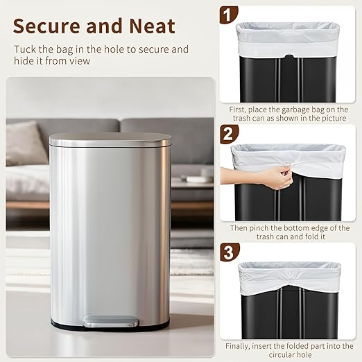 PayLessHere Trash Can with Lid, 13 Gallon (50L) Stainless Steel Kitchen & Office Recycling Bin with Foot Pedal Soft Close & Inner Bucket