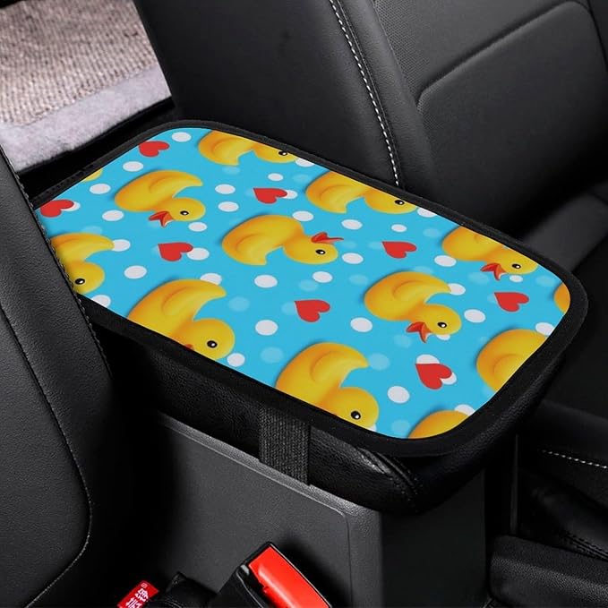 Auto Center Console Armrest Pad Love Heart Polka Dots Blue Yellow Rubber Ducks Car Arm Rest Covers Protector Waterproof Anti-Slip Interior Decor Accessories for Car Truck