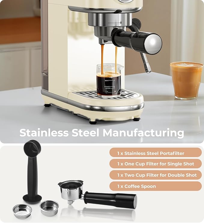 20 Bar Espresso Machine with Milk Frother, Compact Espresso Maker, Stainless Steel Coffee Machine with Precise Temp Control & 44oz Removable Water Tank for Latte, Cappuccino, Creamy White