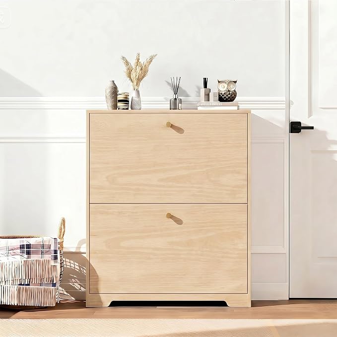 Nicetree Shoe Cabinet with 2 Flip Drawers, Narrow Shoe Organizer Cabinet, Freestanding Shoe Rack Cabinet, Modern Shoe Storage Cabinet for Entryway, Hallway, Foyer Natural Oak with Hook