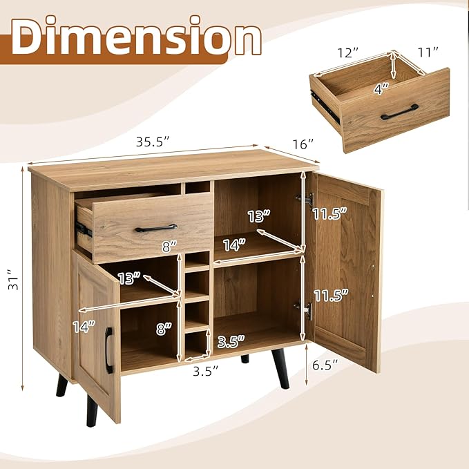 Buffet Cabinet with Storage, Liquor Cabinet w/ 6-Bottle Wine Rack, 1 Drawer & 2 Doors, Wood Buffets & Sideboards, Farmhouse Coffee Bar Table for Kitchen, Dining Living Room, Entryway (Natural)