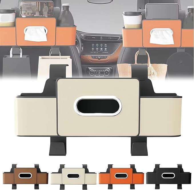 2026 Multifunctional Car Organizers and Storage Box with Drink Cup Holder Tissue Box, Backseat Organizers Hanging Storage for Hold Phone,Snacks, Drinks, Handbag, Most Vehicles (Beige-1)