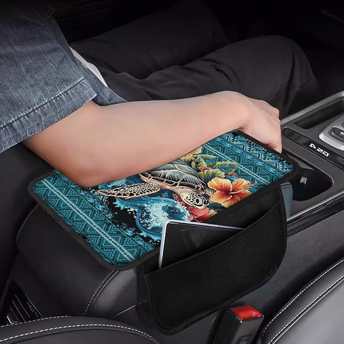 Boatee Turtle Flower Car Armrest Cushion Center Console Cover with 2 Pockets Console Mat Arm Rest Cover for Car Middle Console Organizer Universal Arm Rest Pad Stylish Interior Decor Blue