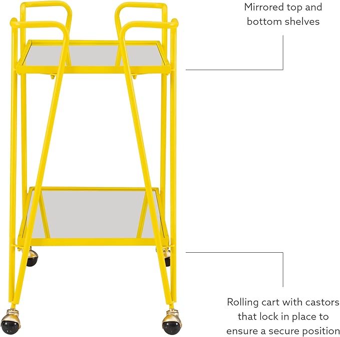Gina Yellow Mid Century Bar Cart with Mirrored Shelves by Linon
