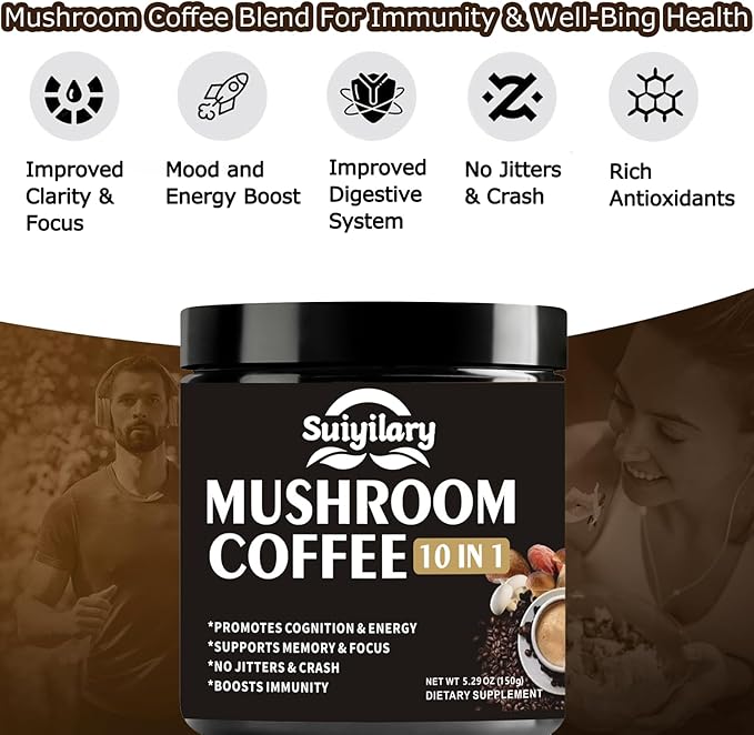 Mushroom Coffee, 10 Mushroom Extract Powder Blend Lion's Mane, Reishi, Chaga, Cordyceps, Turkey Tail, Brain Supplements with Instant Coffee for Energy, Focus, Memory and Immunity 150g