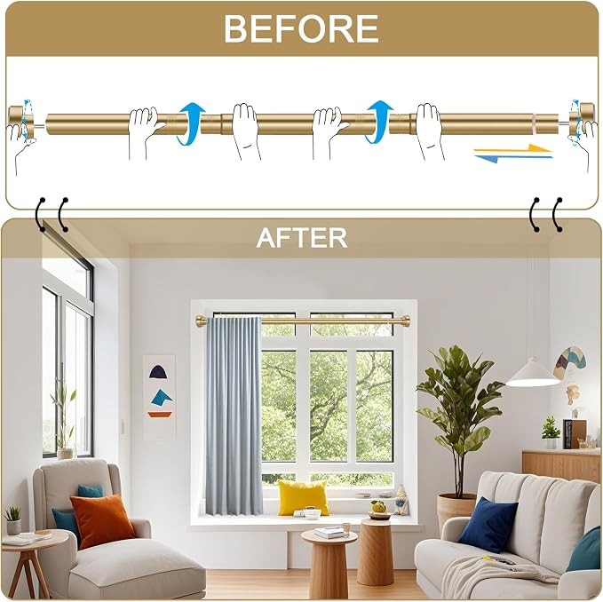 YNL Tension Shower Curtain Rod 34-66 Inch, Adjustable Spring Tension Curtain Rod No Drilling, Non-Slip, Never Rust, Stainless Steel, for Small Window Laundry Door Entryway, Gold