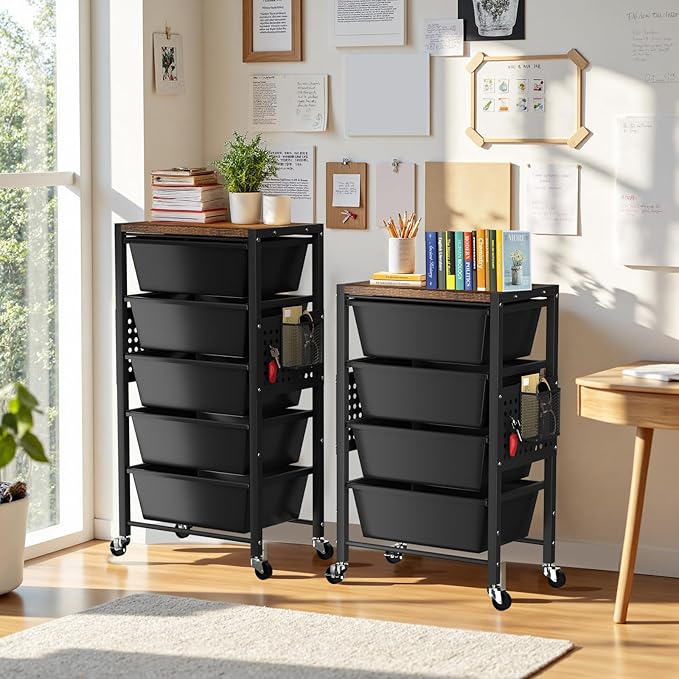 Rolling Cart with 3 Drawers, Plastic Drawer Storage Carts with Lockable Wheels & Wooden Tabletop, Metal Utility Cart Organizer, Office Bedroom Classroom Craft Organization and Storage, Dark Black