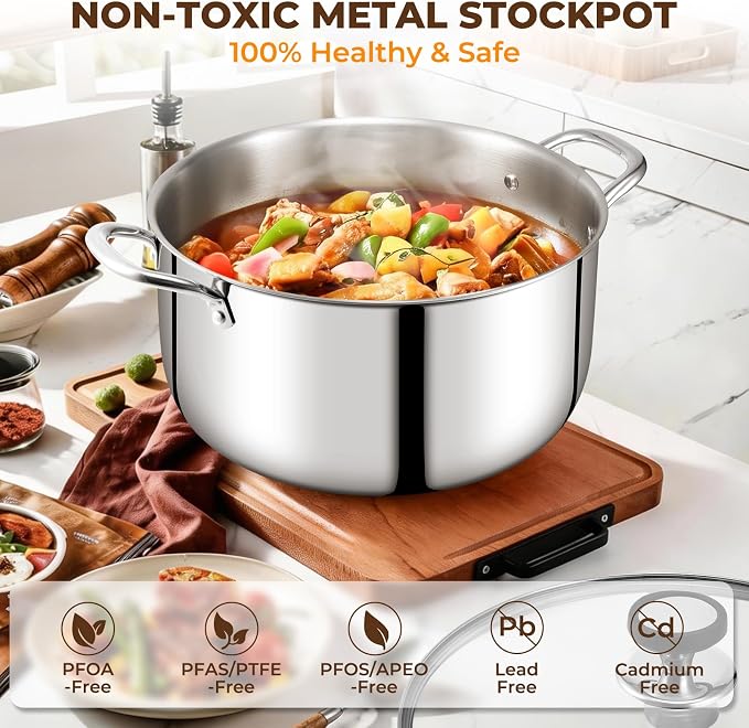 Tri-Ply Stainless Steel Stock Pot, 20 Quart Heavy Duty Induction Cooking Pot with Visible Lid for Pasta, Soup, Spaghetti, Sturdy & Double Handle, Dishwasher Safe