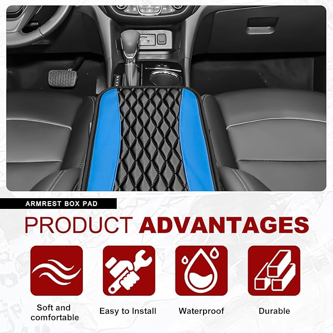 Leather Car Center Console Cover with Side Storage Pockets, Universal Leather Waterproof Armrest Pad Protector & Organizer for Cars, Vehicles, SUVs Interior Decor Stylish Car Decoration(Blue)