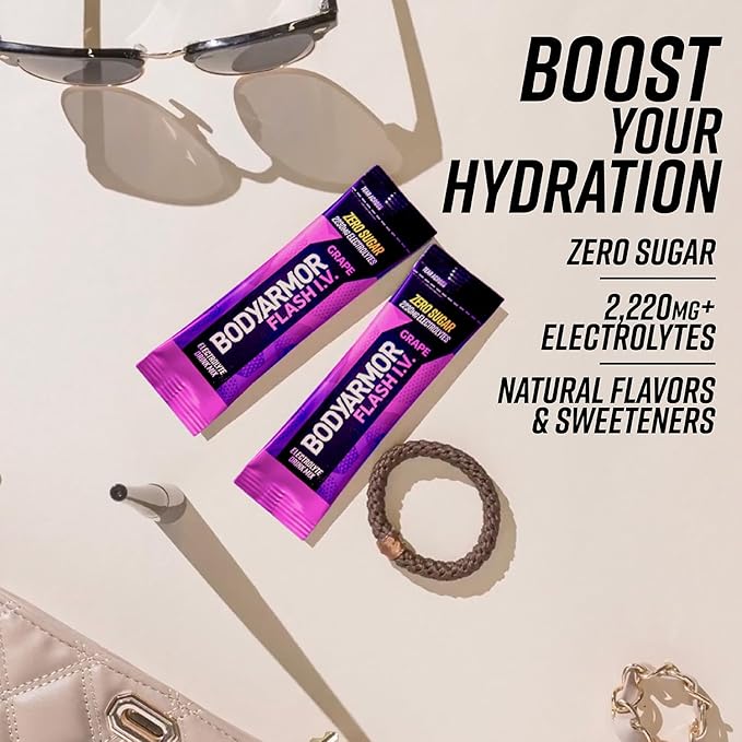 BODYARMOR Flash IV Electrolyte Packets, Grape - Zero Sugar Drink Mix, Single Serve Packs, Coconut Water Powder (6 Count) (Pack of 2)