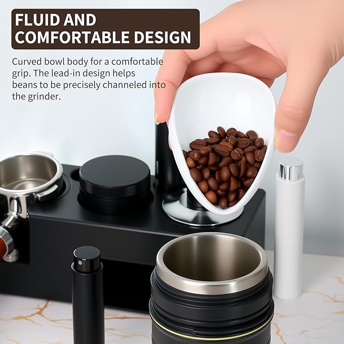 Coffee Bean Dosing Cup and Spray Bottle Kit - Ceramic Single Dosing Tray, Static Reducing Spray (White)